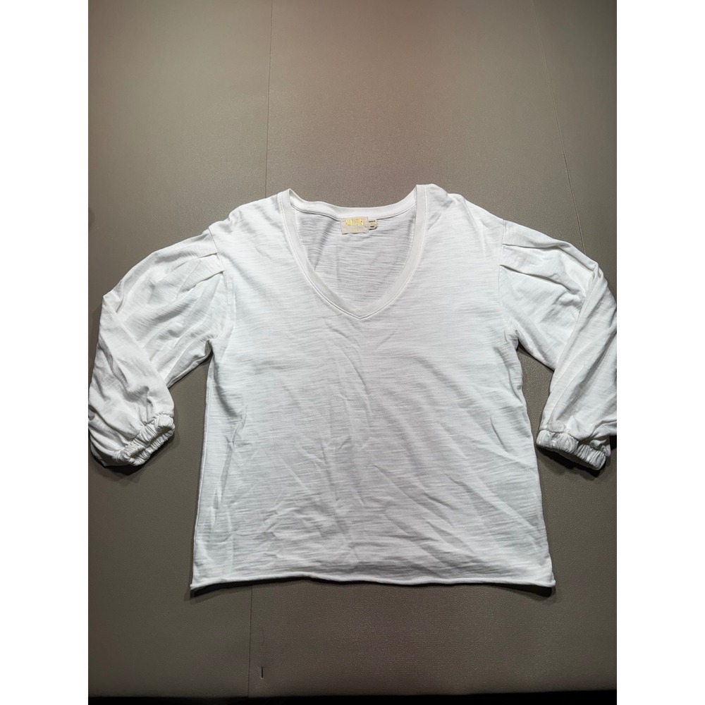 Nation LTD White Slub Cotton V-Neck Pleated Puff Sleeve‎ Top XS
